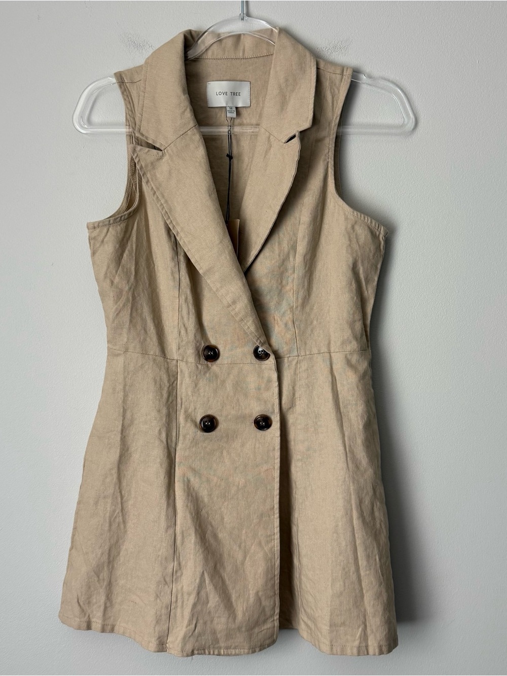 Love Tree Linen Sleeveless Double-Breasted Romper Beige